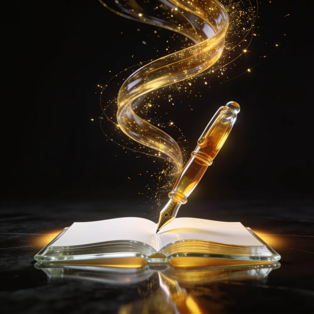 Caneta de vidro dourado sobre um livro aberto, com uma espiral de luz