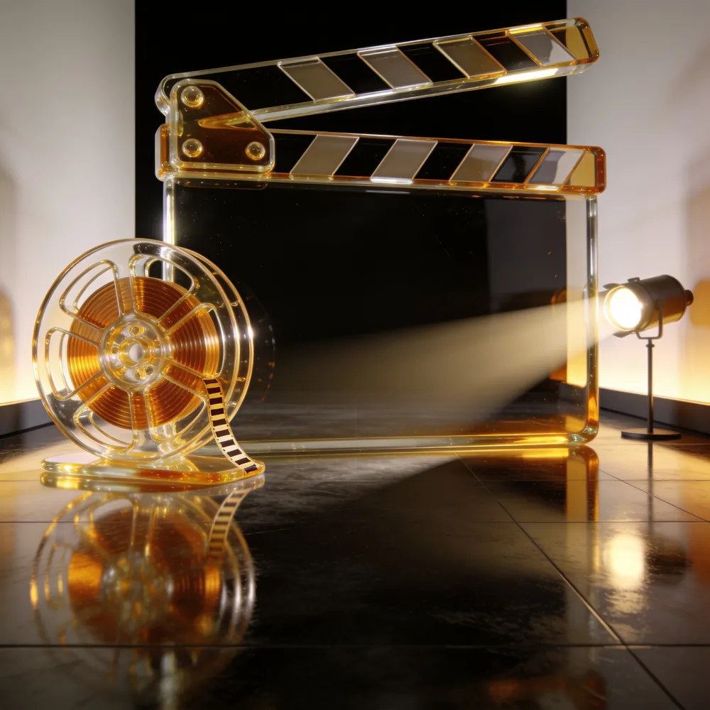 Claquete e rolo de filme em vidro dourado