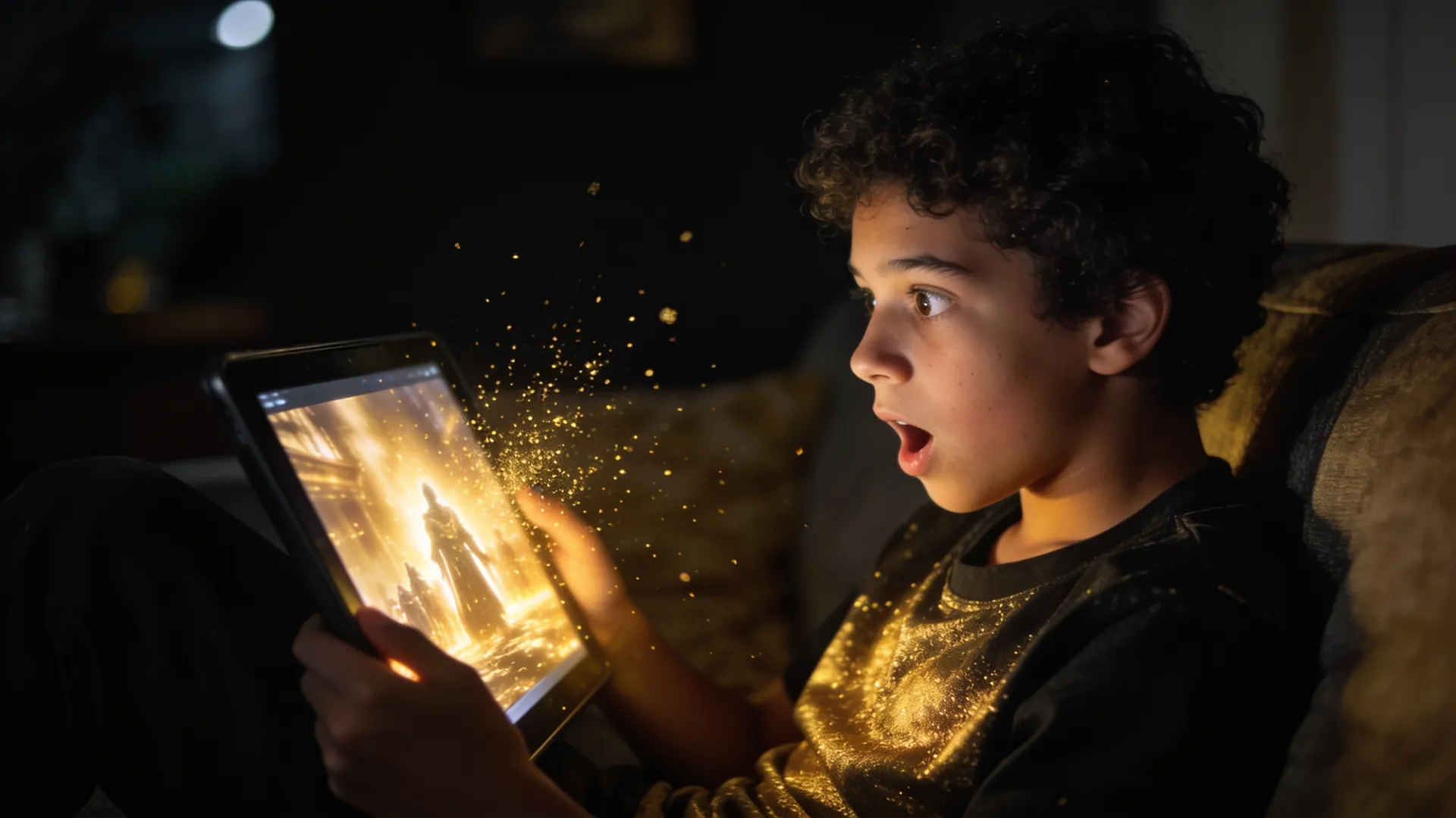 Adolescente em casa assistindo a um episódio no tablet, com partículas douradas saindo da tela