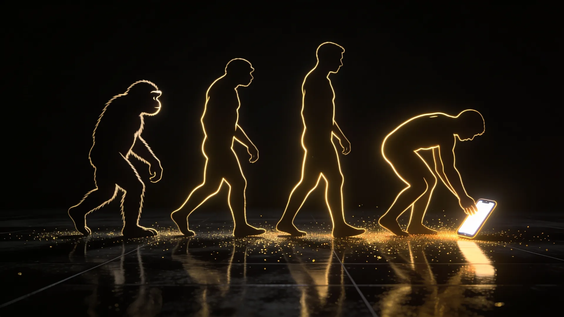 Silhuetas da evolução humana; a última está curvada sobre um celular