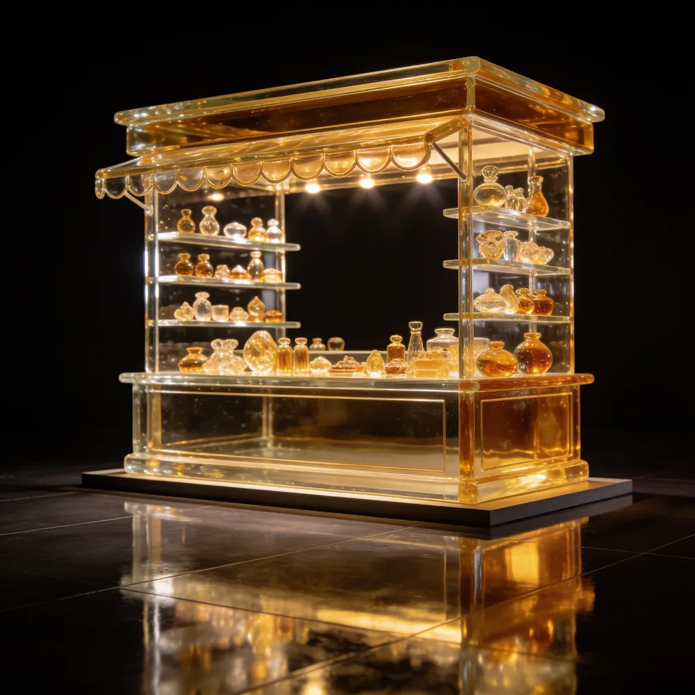 Loja em miniatura esculpida em vidro dourado