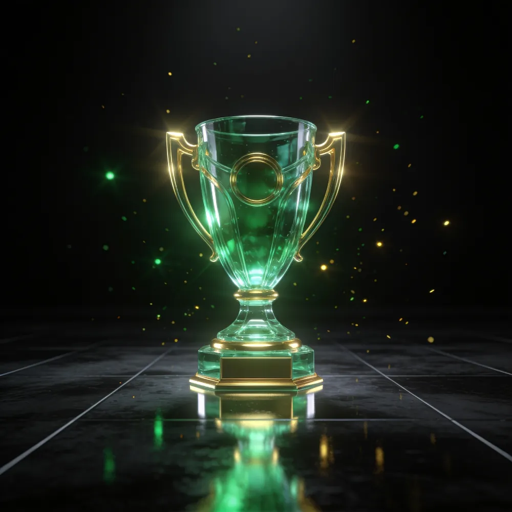 Troféu em vidro verde com detalhes dourados